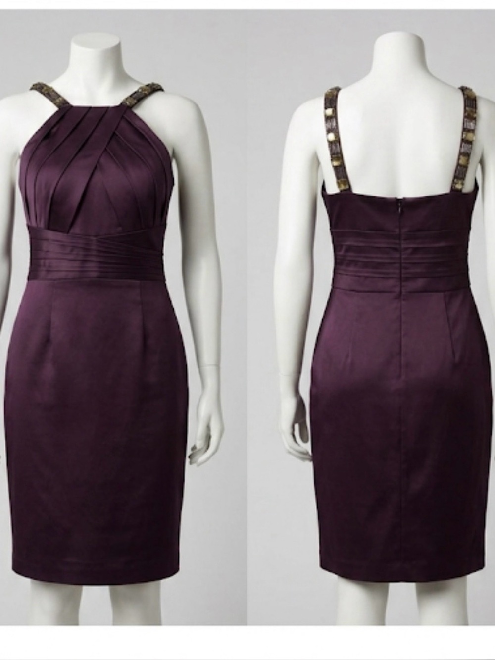 Calvin Klein Deep Purple Satin Cocktail Dress Size 8 Jeweled Straps